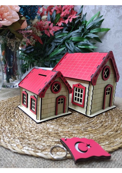 Ahşap 2li Ev Kumbara Büyük& Küçük Ebeveyn&çocuk