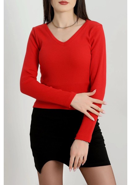 V Yaka Basic Kaşkorse Kırmızı Bluz