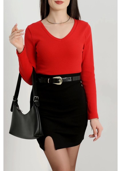 V Yaka Basic Kaşkorse Kırmızı Bluz modelleri