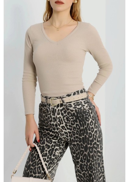 V Yaka Basic Kaşkorse Bej Bluz