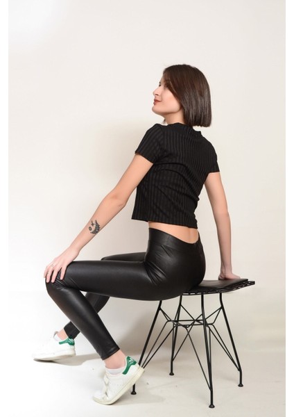 Kadın Elastan, Toparlayıcı, Fit Görüntü, Ince Yazlık Deri, Siyah Tayt