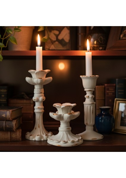 3'lü Şamdan Mumluk Fransız Romantik Antik El Sanatı Beyaz Gold Eskitme Dekoratif Şamdanlık (Üçlü) Retro modelleri
