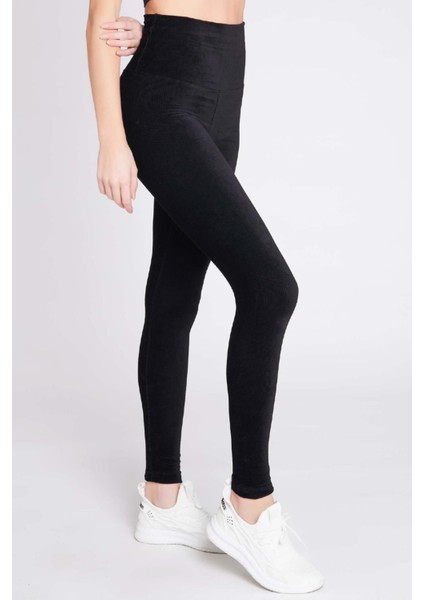 Kadın Kadife Fitilli Siyah Tayt