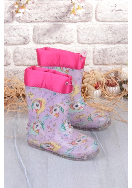 7061 Pembe Uniko Figürlü Içi Peluşlu Su Geçirmez Kız Çocuk Kar Yağmur Çizmesi