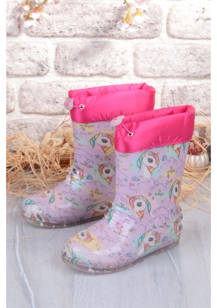 7061 Pembe Uniko Figürlü Içi Peluşlu Su Geçirmez Kız Çocuk Kar Yağmur Çizmesi modelleri
