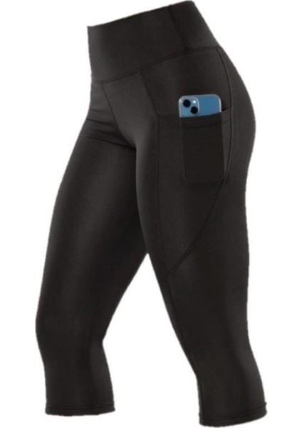 Yüksek Bel Cep Detaylı Disko Diz Altı Kapri Tayt