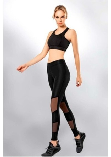 4080 Kadın Dalgıç Transparan Modelli Siyah Yüksek Bel Tayt