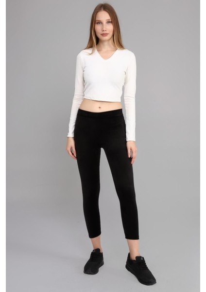 Siyah Yüksek Bel Full Likralı Toparlayıcı Fitilli Kışlık Kadife Tayt