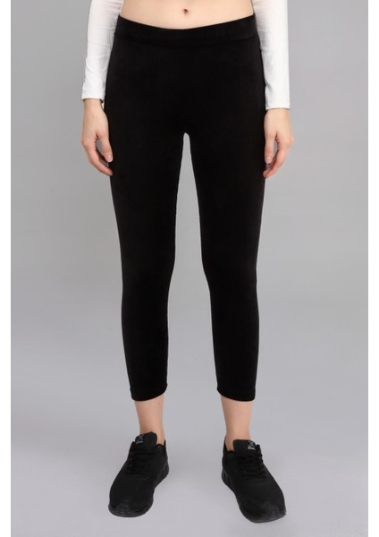 Siyah Yüksek Bel Full Likralı Toparlayıcı Fitilli Kışlık Kadife Tayt modelleri