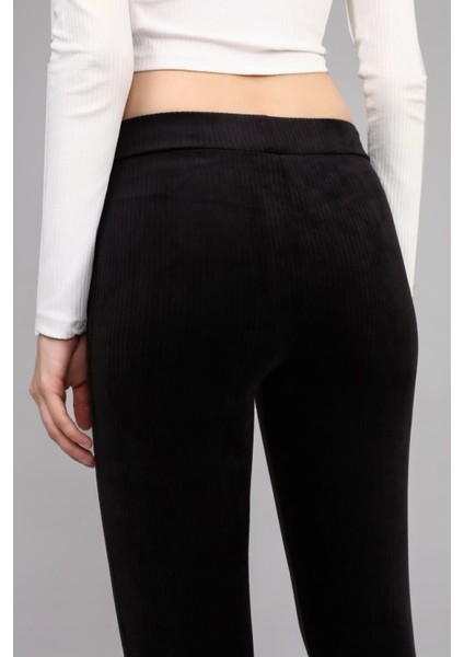 Siyah Yüksek Bel Full Likralı Toparlayıcı Fitilli Kışlık Kadife Tayt indirimleri