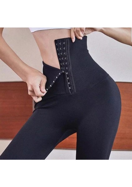Kadın Siyah Beli Agraflı Korseli Tayt Bel Korseli Tayt