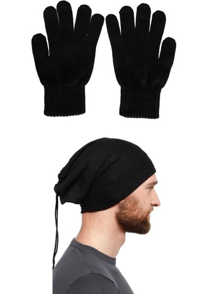 Termal Unisex Siyah Yün Eldiven Polar Bere Boyunluk Set