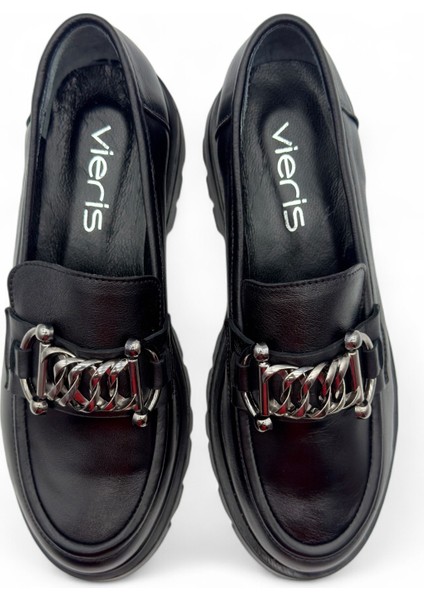 Aurenza Zincir Toka Detaylı Siyah Hakiki Deri Maskülen Kadın Loafer modelleri