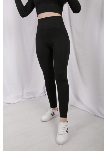 Kadın Siyah Geniş Kemer Çelik Örme Tayt