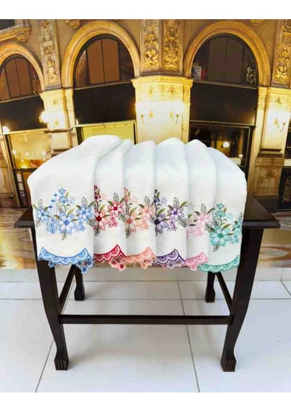 6'lı Kesme Nakışlı Ucu Güpürlü Kadife 30 ×50 Mutfak Çeyizlik El Yüz Havlu Seti