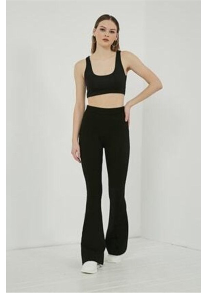 Kadın Siyah Yüksek Bel Ispanyol Paça Tayt ISP745
