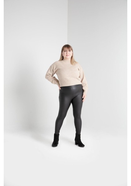 Kömür - Dışı Mat Deri Içi Polarlı Yıkanabilir Düz 7/8 Boy Siyah Tayt - 20013 fırsatları