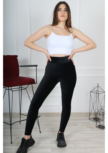 Toparlayıcı Yüksek Bel Fitilli Siyah Kadife Tayt