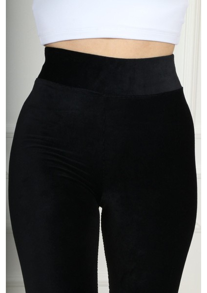 Toparlayıcı Yüksek Bel Fitilli Siyah Kadife Tayt indirimleri