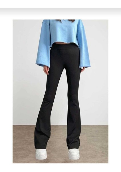 Kadın Siyah Yüksek Bel Ispanyol Paça Fitilli Tayt 5810