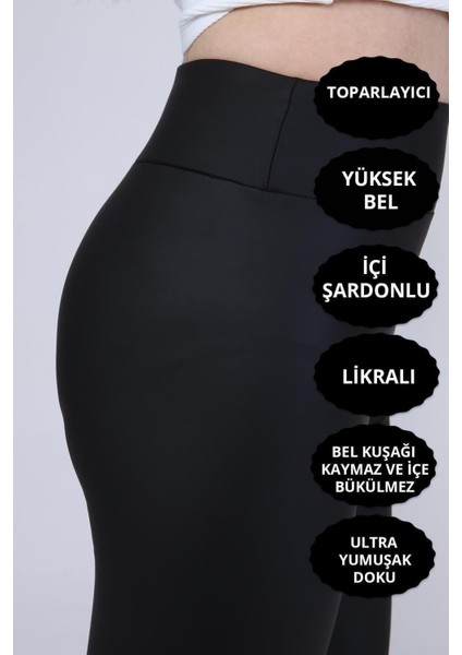 Siyah Yüksek Bel Toparlayıcı Şardonlu Mat Deri Tayt indirimleri