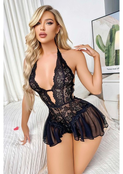 Siyah Dantel Işlemeli Özel Bölgesi Açık Fantezi Bodysuit