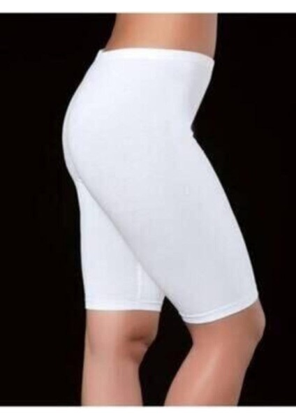 Kadın Beyaz Penye Elastan Düz Desensiz Yüksek Bel Diz Üstü Kısa Tayt