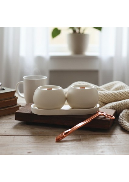 Dekoratif 2'li Coconut Kokulu Mum ve Oval Tabak Set 3'lü Şamdanlık Set Şamdan Orta Sehpa Objeler modelleri
