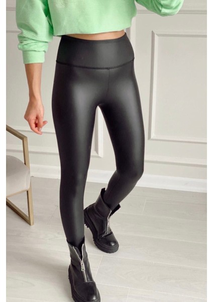 Siyah Yüksek Bel Şardonlu Yeni Sezon Mat Deri Tayt