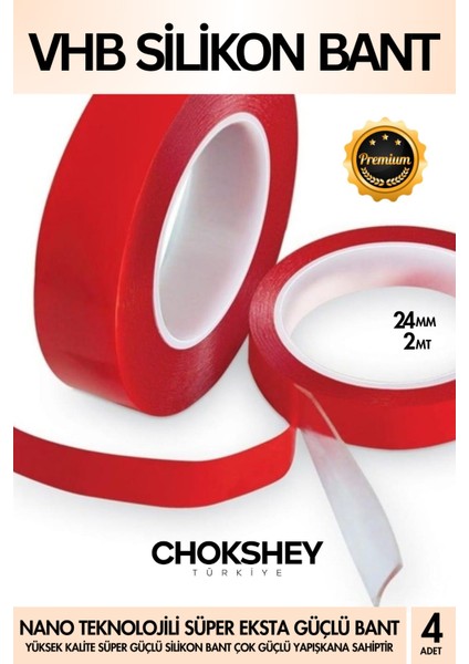 Çift Taraflı Vhb Şeffaf Silikon Band 50 kg Ekstra Güçlü Iç Dış Mekan Uyumlu 24MMX2M - 4 Adet