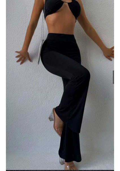 Kadın Siyah Yüksek Bel Toparlayıcı Ispanyol Paça Scuba Dalgıç Kumaş Tayt Pantolon fiyatları