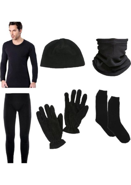 Erkek Siyah Termal Içlik Takımı Polar Bere Boyunluk Eldiven Havlu Çorap Seti I