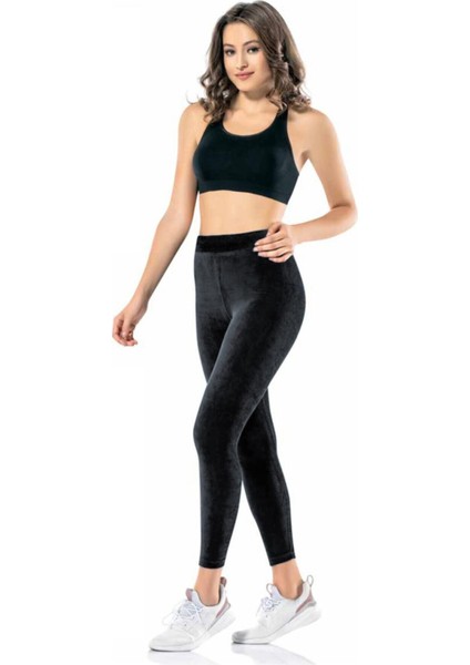 Kadın Siyah Kışlık Kadife Lycra Tayt