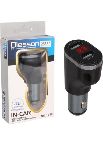 Olesson 1648 12-24V Çift USB Girişli 5V-2.4A Dijital Voltaj Ekranlı Araç Çakmaklık Şarj Aleti