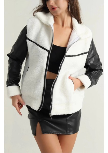 Deri Garnili Kuzu Peluş Mont Beyaz