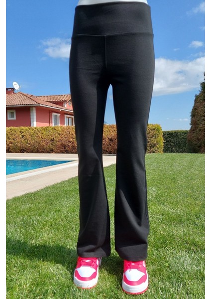 Kadın Siyah Yüksek Bel Toparlayıcı Çelik Örme Ispanyol Paça Tayt