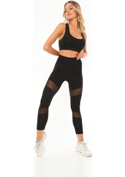 Kadın Siyah Çif Tül Yüksek Bel Spor Tayt fiyatları