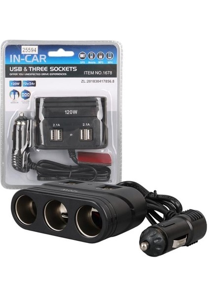 Olesson 1678 12-24V 4 USB Girişli 120W 80CM Kablolu 3'lü Araç Çakmak Çoklayıcı