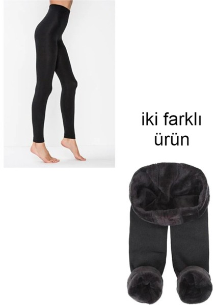 Termal Kadın Siyah Içi Polar Esnek Tayt ve Peluş Tayt Set Iki Parça