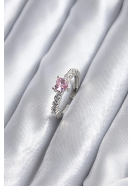Bfs Gümüş Renk Zirkon Taşlı Pembe Kristal Kalp Model Kadın Yüzük