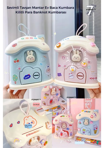 Sevimli Tavşan Mantar Ev Baca Kumbara Kilitli Kumbarası Sevgileye Çocuklara Hediyelik Kumbara