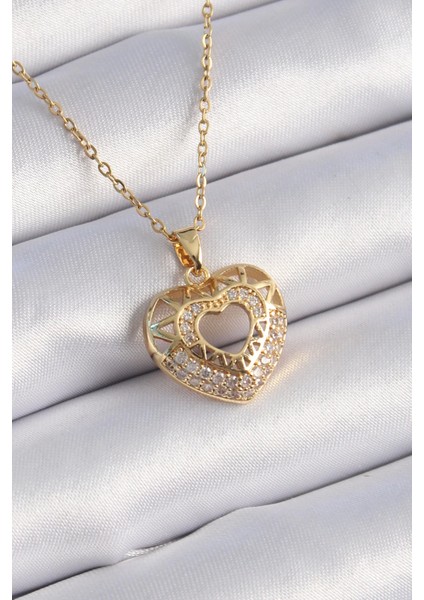 Bfs 316L Çelik Gold Renk Zirkon Taşlı Kalp Model Vintage Kadın Kolye