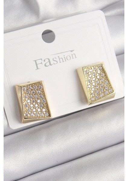 Bfs Pirinç Gold Renk Zirkon Taşlı Plaka Model Kadın Küpe