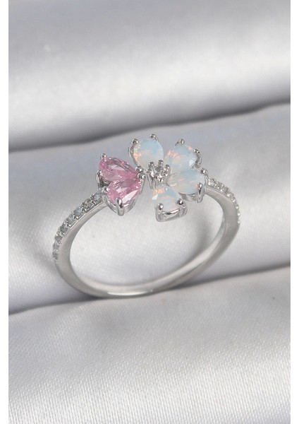 Bfs Pirinç Gümüş Renk Beyaz Mineli Pembe Zirkon Taşlı Çiçek Model Kadın Yüzük