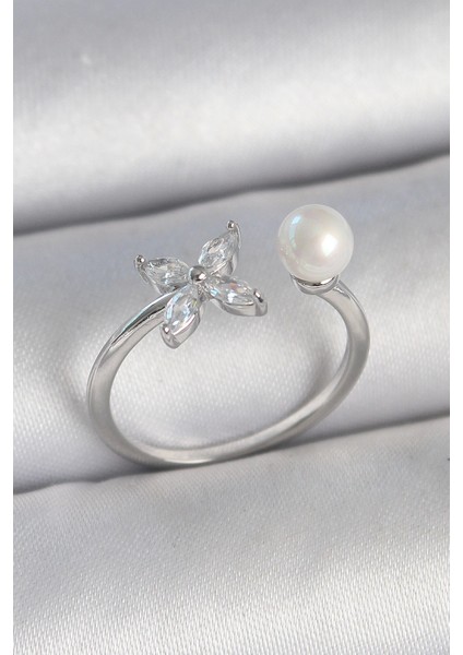 Bfs Pirinç Gümüş Renk Zirkon Taşlı Çiçek Model Inci Detay Ayarlanabilir Kadın Yüzük