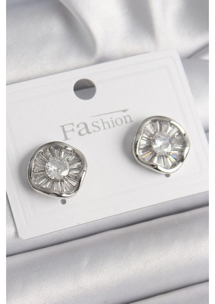 Bfs Pirinç Gümüş Renk Zirkon Taşlı Yonca Model Kadın Küpe