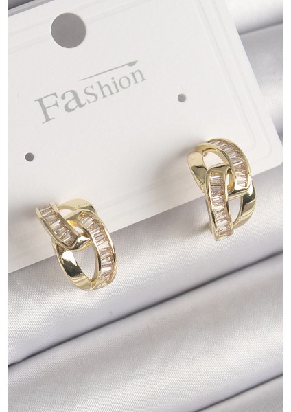 Bfs Pirinç Gold Renk Zirkon Taşlı Zincir Model Kadın Küpe