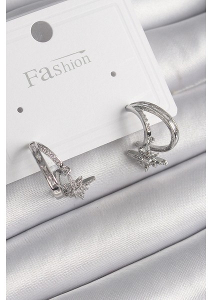 Bfs Pirinç Gümüş Renk Zirkon Taşlı Halka Model Sallantı Yıldız Detay Kadın Küpe