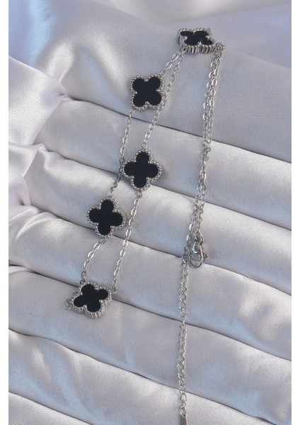 Bfs 316L Çelik Gümüş Renk Siyah Mineli Yonca Kolye fiyatları