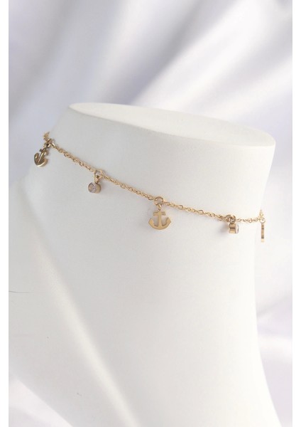 Bfs 316L Çelik Gold Renk Zirkon Taşlı Minimal Çapa Tasarımlı Halhal